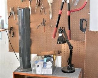 GARDEN TOOLS, DESK LAMP, OLD TYPEWRITER