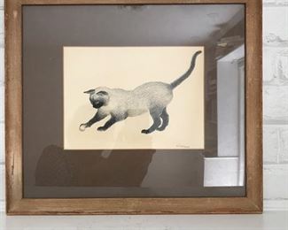 Make an offer: was  $125. E. O. McMullen drawing Siamese cat with ball. Frame is worn, art in good condition.  Frame: 15H x 17W. Art: 7H x 9.5W.