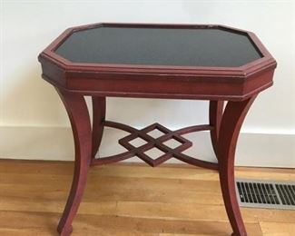 Make an offer: was $200. Mario Buatta for John Widdicomb small red table with black granite top. Shows some paint loss. 20H x 20W x 14.5D