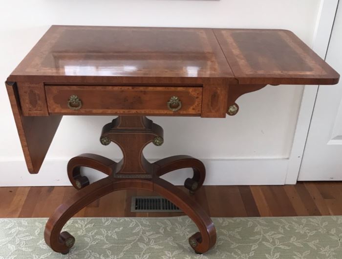 Make and offer – was $600. Mario Buatta table for John Widdicomb. Condition is good or better.  29H x 26W x 24D (50W when open).