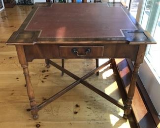 Make an offer: was $400. Handsome gilt edged leather top card / game table by Alfonso Marina. Leather is marked but without tears. 30H x 34sq top.