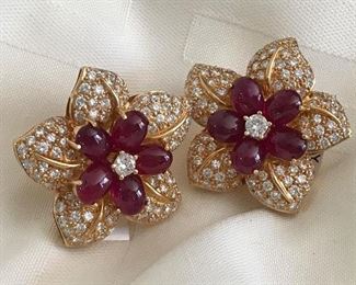 Cabachon Ruby & Diamond Earrings