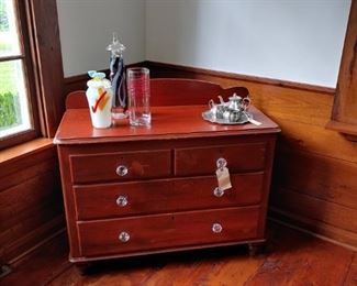 Early chest with drawers, original red paint, Sandwich style knobs. Purchased in Ohio MANY years ago!