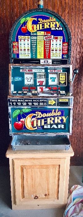 Double Cherry Bar slot Machine in perfect working condition! It can be yours by bidding on the online auction- follow this link to bid!
https://www.estatesales.net/TX/Weatherford/76086/marketplace/26689