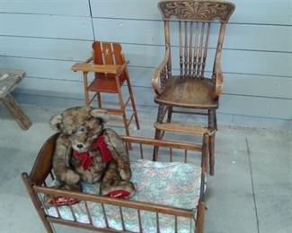 Two Lovely Antique High Chairs and Crib with Teddy Bear