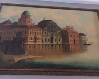 Oil on BOARD Venice scene signed C. Bayer 16" x 27" minor scuff damage right corner $500.