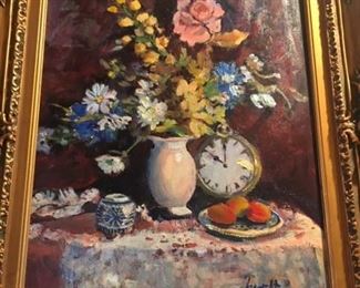 BEAUTIFUL Floral still life Illegibly signed oil on canvas 19.5" x 15.5" $450.