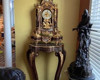 Antique floor BRASS ITALIAN clock. INLAID WOOD with matching DISPLAY TABLE "GORGEOUS !! $8500.