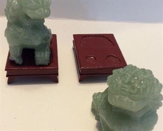 A Pair of Hand Carved Beijing Chinese Jade Foo Dogs/Temple Lions 3" High on wood pedestals. $190. Pair
