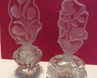 Antique Art Deco Perfume Bottles Both 8" high Tiny small chip on one top Pair $125.