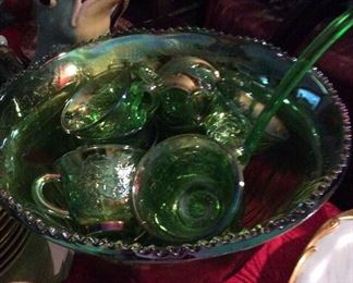 Rare Green Indiana Carnival Glass Punch Bowl Set $150. Bowl - Ladle - Cups