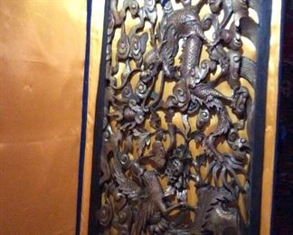 Chinese large wall Hand Carved Wood Dragon Plaque 28" x 30" in the original Satin Box $350.