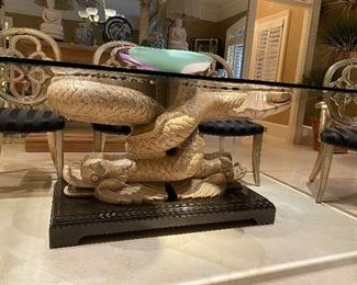 Neoclassical Style Intertwined Dolphin Base Dining Table w Glass Top