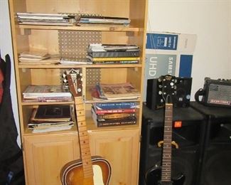 guitars, books, speakers