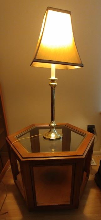 (2) Hexagon Oak & Glass Side Tables 24" by 21" Asking $139.00 for the pair. (2) Brass Lamps 29" Asking $79.00 for the pair