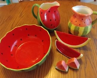 Watermelon Serving with Decor: Large Bowl, (2) Pitchers, Salt & Pepper and (2) Paper Mache Watermelon Slices, and also includes a dip dish with 3 bowls with handle not pictured. Asking $45.00 for the set