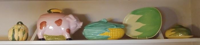 Yellow Corn Lot Including: Sugar Bowl, Pig & Corn Cookie Jar, Cover Dish, Plate, And Butter with Cover. Asking $55.00 for the lot