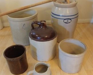 Crock Lot Including: Marshall Pottery, Inc Marshall, Texas 4 Gallon Butter Churn, 4 Gallon Crock, Jug, 2 Gallon Crock, 1 Gallon Brown Crock, and Small Pitcher. Asking $450.00 for the lot. Crocks have normal wear for their age.