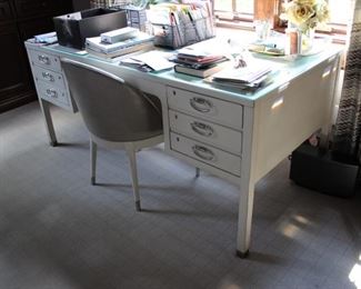 Hickory Chair white catalyzed lacquer desk; Hickory Laurent chair in Echo Limestone leather