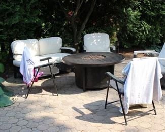 Castelle Firepit; Gloster 2 lounge chairs & Loveseat