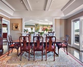 Kindel dining table, 8 chairs & breakfront