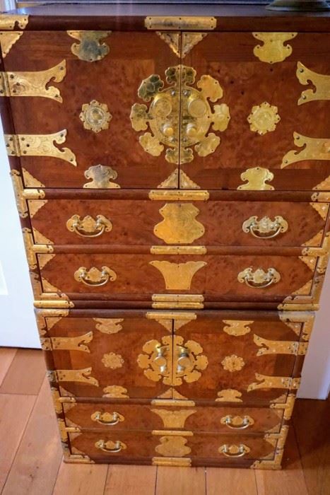 Two brass wood asian chests stacked on top. Also has bracket feet that could be attached to bottom.