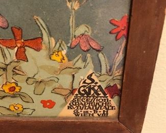 "Wien: Secession Graphische Kunstantalt GmbH, [1930]. Colored lithograph on paper. Vienna [1930] (18.25 x 19.5 inches). A fine original Austrian School lithograph of a young girl on a blustery springtime hillside holding an armfull of flowers, titled Herta Zuckermann,(aged 14 years). This scene was painted by a pupil in Frank Cizek's Kunstegewerbeschule Juvenile Art Class is Vienna."