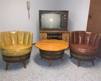 Mid Century Whiskey Barrel Swivel Chairs and Tilt Top Swivel Table 