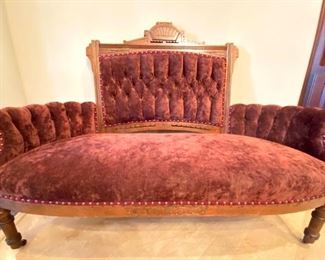Antique Victorian Style - Carved Wood - Burgundy Tufted with Brass Tacks Settee - $400