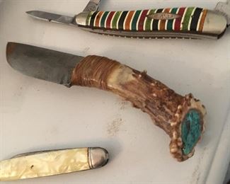 very cool custom made antler handle knife with turquoise nugget in-lay.