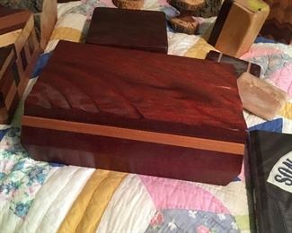 Amazing collection of custom made wooden boxes... many burl wood, some signed!