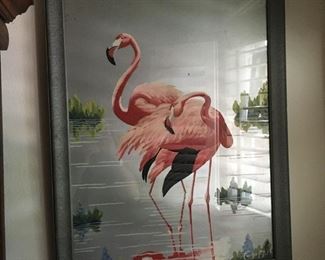 great old art deco painting of Flamingos