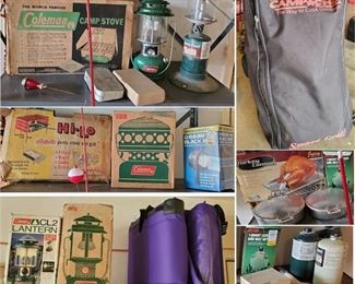 RETRO CAMPING - well maintained in original boxes: Coleman Camp Stove 425D 499 Green - many Coleman Lanterns, Fly Fishing Luers - Cook Kits - propane - Camp Chairs - Portable Grill