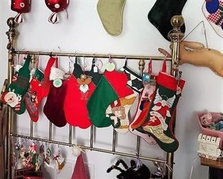 Christmas decor, Stockings.  Full - Queen brass headboard