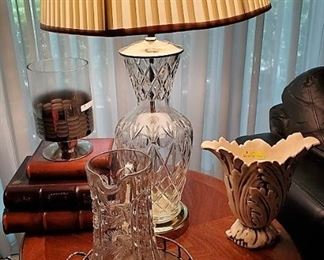 Waterford Lamp, Red Wing Vase, Leather "Books"