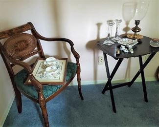 Antique Chair, Tray, tea cups and saucers
