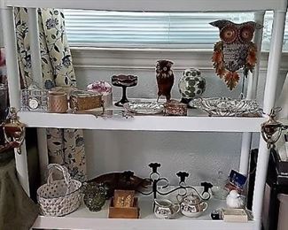 Crystal, Pottery, Porcelain and Ceramic: candle holders, bowls, dishes, trays, figurines. Fostoria stemware