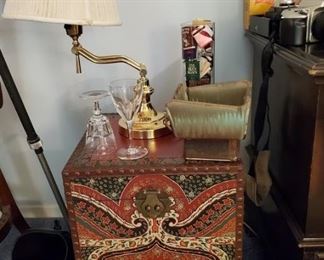 Moroccan chest/side table, lamp, pottery