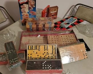 1950s and 1970s board games. Marblite and wood dominos, poker sets, Board games