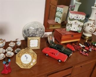 Hot wheel and matchbox cards, jewelry boxes, mini tea sets