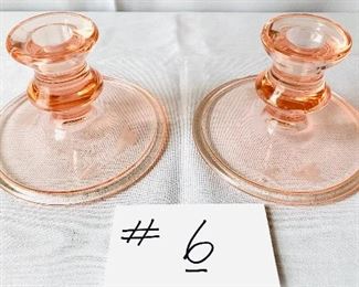 PAIR OF PINK ETCHED CANDLE HOLDERS 3.5”T 
$38