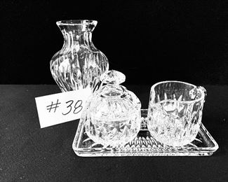 38A- WATERFORD MARQUIS SHERIDAN VASE  6”T.  $26
38B- CREAM AND SUGAR SET  $15