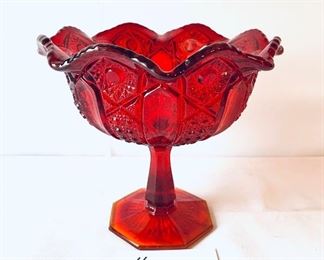 RED GLASS FRUIT/COMPOTE DISH 
7”T.    $36