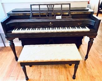 VINTAGE LESTER PIANO
FOLDS INTO A CONSOLE TABLE. 
57.5W X 35” T x 23.5” D    ( back leg is loose).      $465 