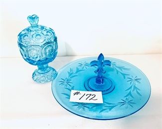 L E SMITH MOON AND STARS CANDY DISH  9”t AND BLUE ETCHED TRAY 11.5 w 
$45 EACH. 
