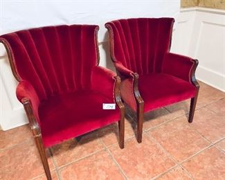 #194- pair of red velvet channel back chairs. $400