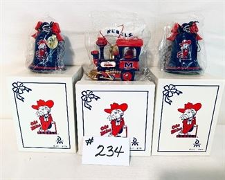 OLE MISS ORNAMENTS TRAINS AND BELLS NEW IN BOX. $40 each. 