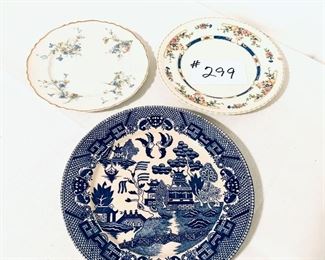 SET OF THREE PLATES. 
Haviland -Fleurette.  7”
Old English Johnson Bros. 8”
Blue Willow Plate 9.5”.       Lot $ 20
LOT $ 20