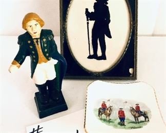 Iron figurine, silhouette art and Canada dish ( Adderley) 
5.5-7”t    
Lot $50
