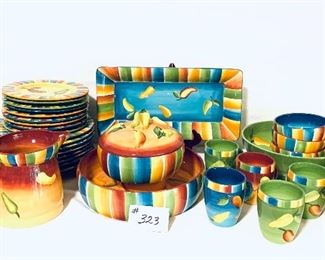 Hacienda by Noble excellence earthenware 33 pieces. 
Nine plates, nine salad, chips and dip, casserole, picture, tray, large bowl has chip, three bowls, seven mugs $300